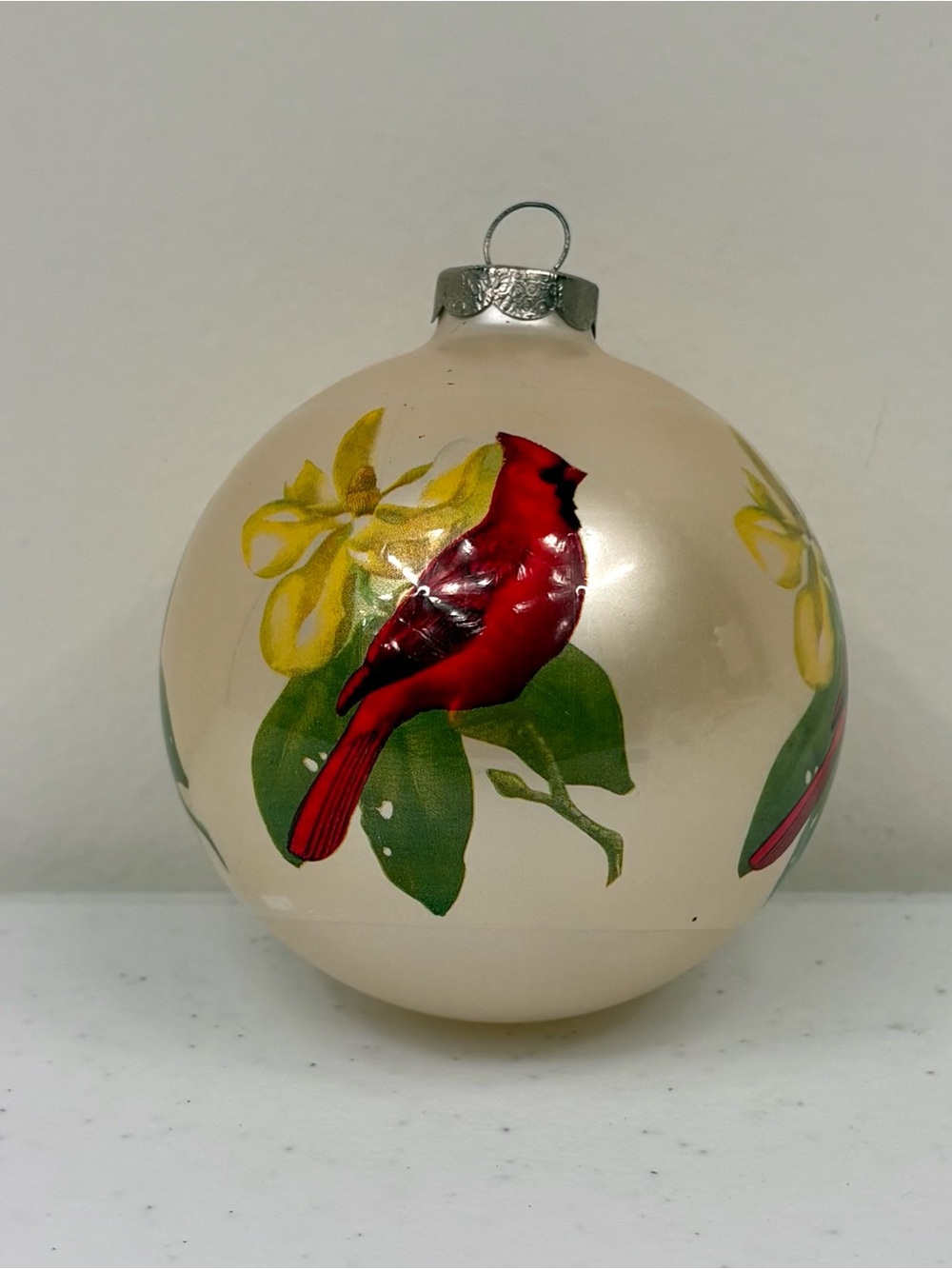 Vintage 1970s Christmas Glass Ball Ornament With Red Cardinal Bird